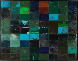 Fahar, Acryl, Harz auf Autoschwamm. Das Kunstwerk ist rechteckig in Querformat. Die Hauptfarben sind Blau und Grün. Kunst kaufen. Kunst mieten.