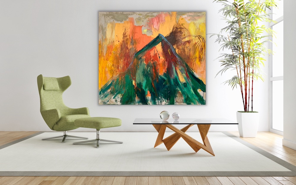Fotografie einer Malerei mit orange und grünen Farben von Künstler Fahar Al-Salih im Wohnbereich einer Privatwohnung
