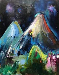 Fahar, Malerei, Öl auf Leinwand, Die Hauptfarbtöne sind blau und grün, hochformat. Kunst mieten.