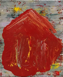 Fahar Mixed Media. Die Hauptfarbe ist rot. Das Kunstwerk ist rechteckig, hochformat. Kunst mieten.