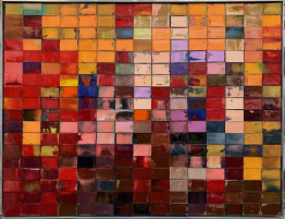 Fotografie einer Malerei, Mosaik. Die Hauptfarbe ist rot. Das Kunstwerk ist rechteckig. Kunst für Zuhause oder Kunst für Unternehmen.