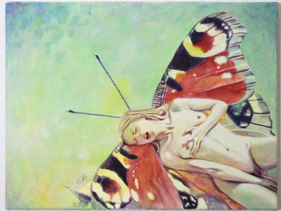 Kunstwerk: Malerei von Anna Koepnick, roter Schmetterling, Tagpfauenauge