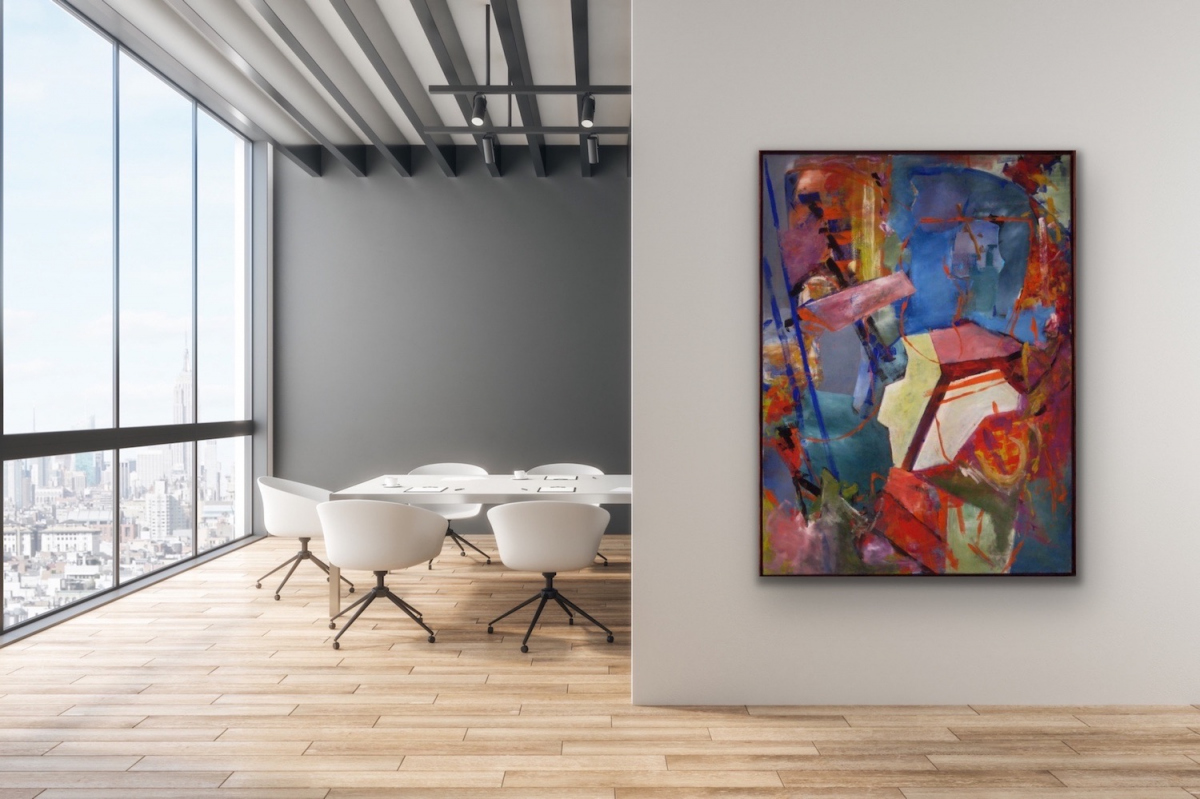 Fotografie einer Malerei mit roten-blauen Farben von Künstler Florian Depenthal im Meetingraum eines Unternehmens